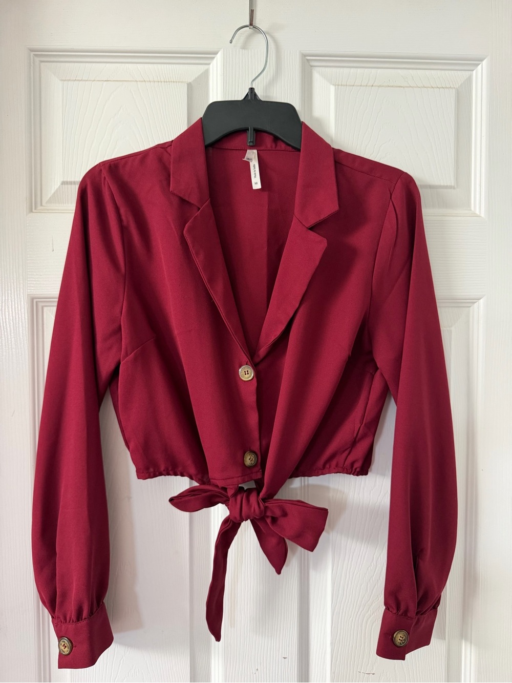 Truth NYC burgundy red cropped tie-front blazer top